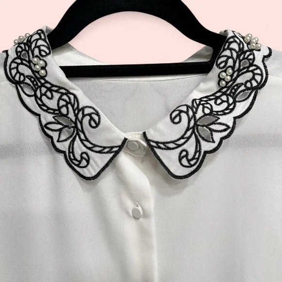 Forever 21 Sheer White Blouse with Black Floral Collar - Picture 8 of 8
